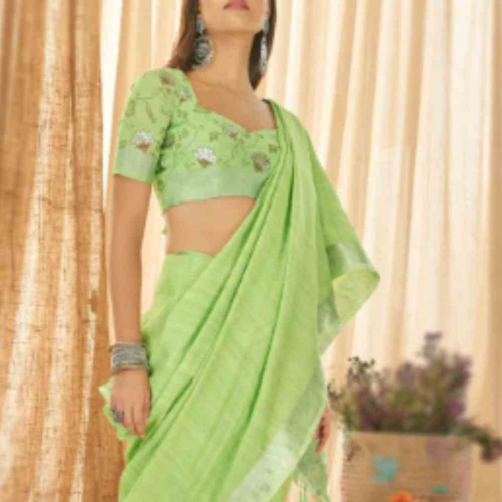 Pure Handloom Linen Green Saree